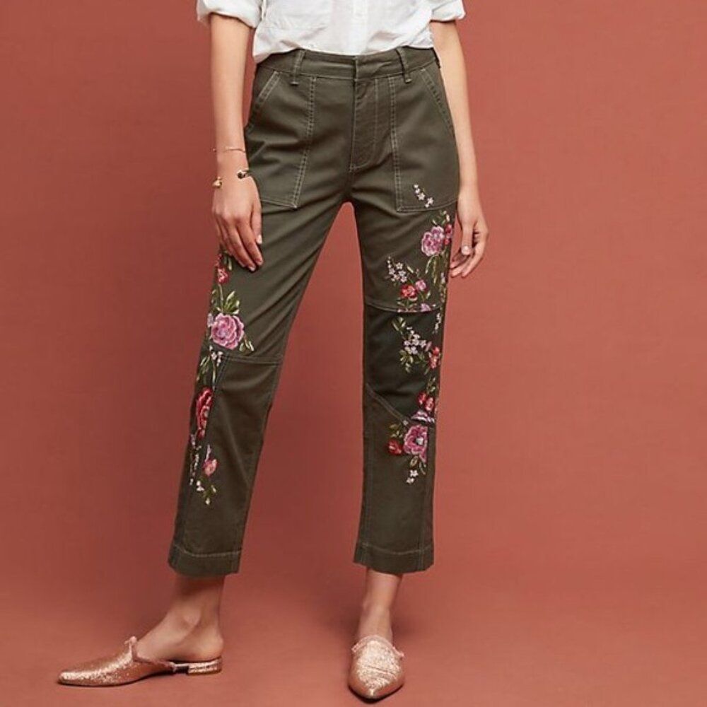 Anthropologie Floral Embroidered Pants Women's Size 25 Green Multicolor Trousers